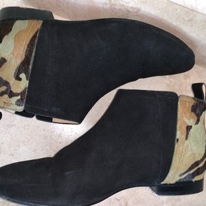 COLE HAAN Embury Bootie Black Suede/Green Camo pony hair & calf leather size 7